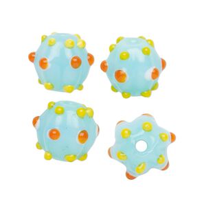 Bead, lampworked glass, opaque aqua / orange / yellow, 15x13mm fluted round. Sold per pkg of 4.