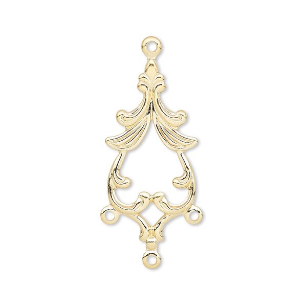 Drop, gold-plated brass, 27x13mm single-sided fancy spade with 3 loops. Sold per pkg of 10. image number 0