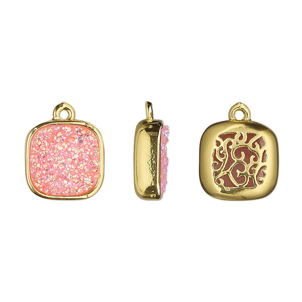 Drop, Druzylite™, "druzy" (resin) and gold-finished brass, pink, 11.5mm two-sided square with open filigree back. Sold per pkg of 4. image number 0