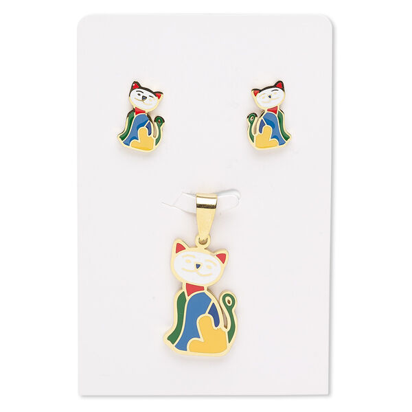 Pendant and earring, enamel and gold-finished stainless steel, multicolored, 27x17mm cat, 15x10mm cat with post. Sold per set. image number 0