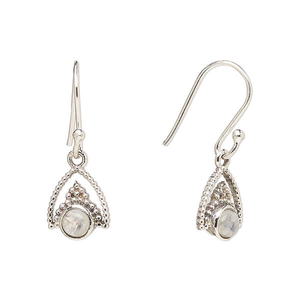 Ear wire, Create Compliments®, antiqued sterling silver and rainbow moonstone (natural), fishhook, 24.5mm with 11x9mm single-sided beaded arrowhead, 21 gauge. Sold per pair. image number 0