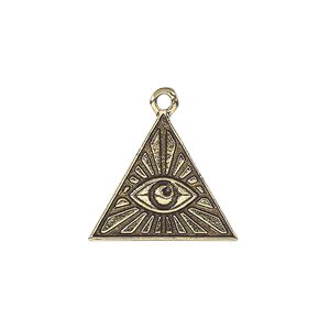 Charm, antique gold-plated pewter (tin-based alloy), 20x18mm single-sided pyramid with Eye of Providence. Sold per pkg of 2.
