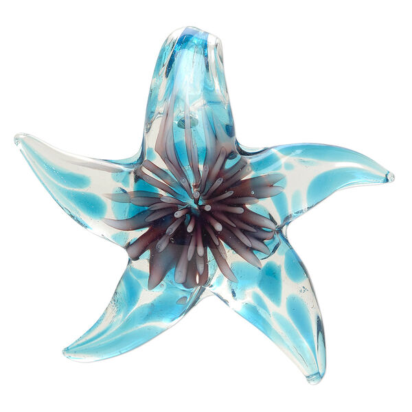 Pendant, lampworked glass, blue / purple / clear, 50x45mm single-sided starfish. Sold individually. image number 0