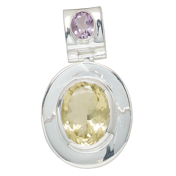 Pendant, lemon quartz (natural/heated)/amethyst (natural/heated)/sterling silver, 50x28mm oval. Sold individually. image number 0