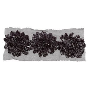 Sew-on component, fabric, black and silver, 2-3/4 to 3-1/4 inch rose with plaid design. Sold per pkg of 3.