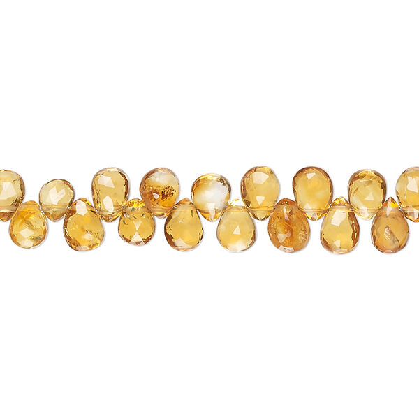 Bead, golden citrine (heated), 4x3mm-6x5mm hand-cut top-drilled faceted puffed teardrop, B+ grade, Mohs hardness 7. Sold per 8-inch strand, approximately 75 beads. image number 0