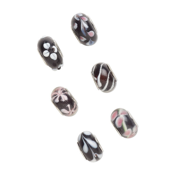 Bead, Dione&reg;, lampworked glass and imitation rhodium-plated brass grommets, transparent black and opaque multicolored, 12x8mm-16x9mm rondelle with assorted designs. Sold per pkg of 6. image number 0