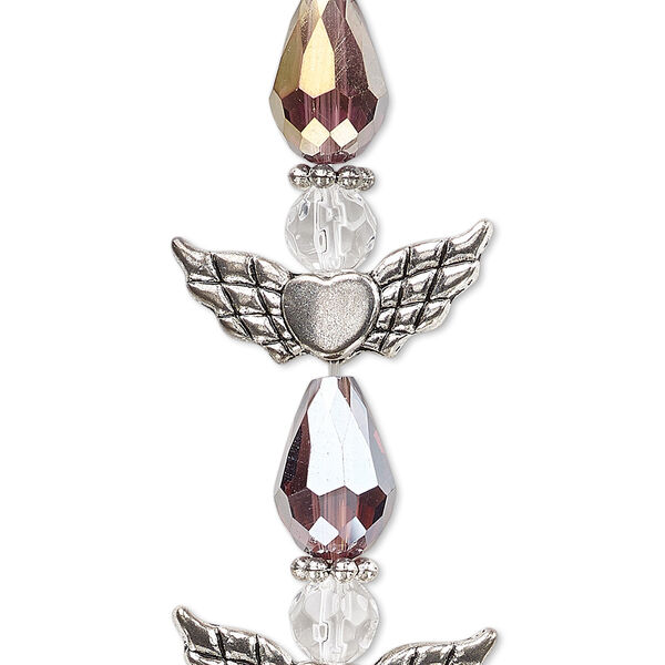 Bead, crystal and antique silver-plated "pewter" (zinc-based alloy), translucent medium purple AB and clear, 25x22mm angel. Sold per pkg of 4. image number 0