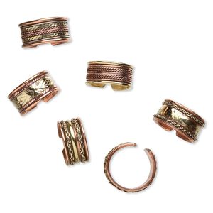 Ring mix, copper and brass, 9-11mm wide, adjustable. Sold per pkg of 6.