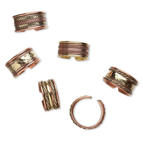 Ring mix, copper and brass, 9-11mm wide, adjustable. Sold per pkg of 6. image number 0