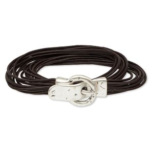 Bracelet, 10-strand wrap, leather (dyed) and antique silver-plated "pewter" (zinc-based alloy), brown, 10mm wide, 7 inches with 38x21mm magnetic buckle-style closure. Sold individually.
