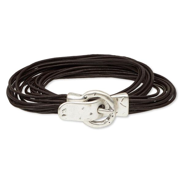 Bracelet, 10-strand wrap, leather (dyed) and antique silver-plated "pewter" (zinc-based alloy), brown, 10mm wide, 7 inches with 38x21mm magnetic buckle-style closure. Sold individually. image number 0