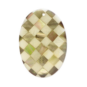 Focal, gold lip shell / mother-of-pearl shell / resin (assembled) 1pkg1, 34x24mm-35x25mm top-drilled 1sided oval with checkerboard pattern.