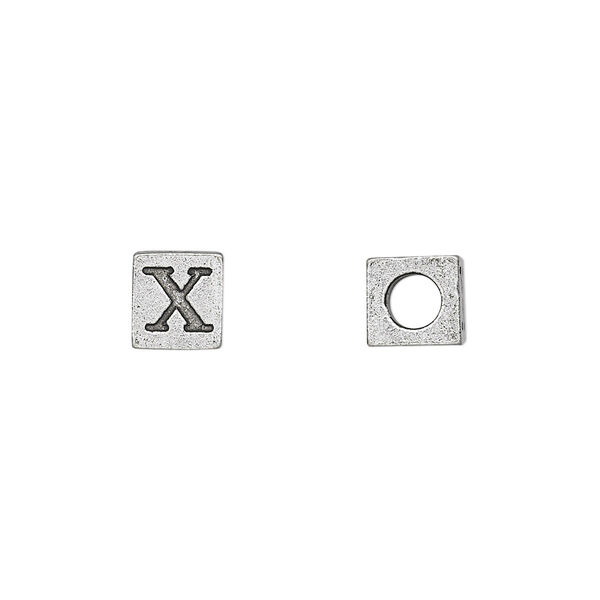 Bead, antiqued pewter (tin-based alloy), 7mm cube with Greek letter, CHI. Sold per pkg of 4. image number 0