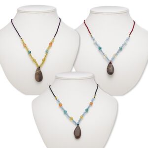 Multi-gemstone / acrylic / glass 1pkg3, teardrop pendant necklace mix continuous loop 20-24 inch 34x18mm-35x19mm