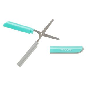 Scissors, thread snip, stainless steel and acrylic, grey and turquoise blue, 4-3/4 inches. Sold individually.