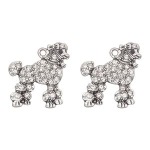 Charm, antique silver-finished "pewter" (zinc-based alloy) and glass, clear and black, 24x21mm single-sided poodle. Sold per pkg of 2.