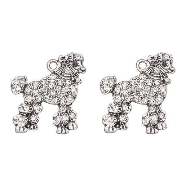 Charm, antique silver-finished "pewter" (zinc-based alloy) and glass, clear and black, 24x21mm single-sided poodle. Sold per pkg of 2. image number 0