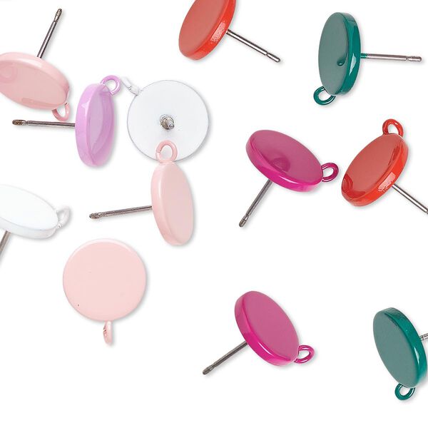 Earstud mix, enameled steel, mixed colors, 10mm round with closed loop. Sold per pkg of 6 pairs. image number 0