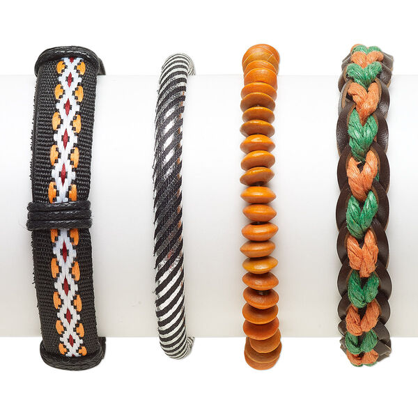 Bracelet mix, Everyday Jewelry, leather (dyed) / Japanese pagoda wood / nylon / waxed cotton cord, assorted colors, 5.5-14mm wide, 7-8 inches. Sold per pkg of 4. image number 0