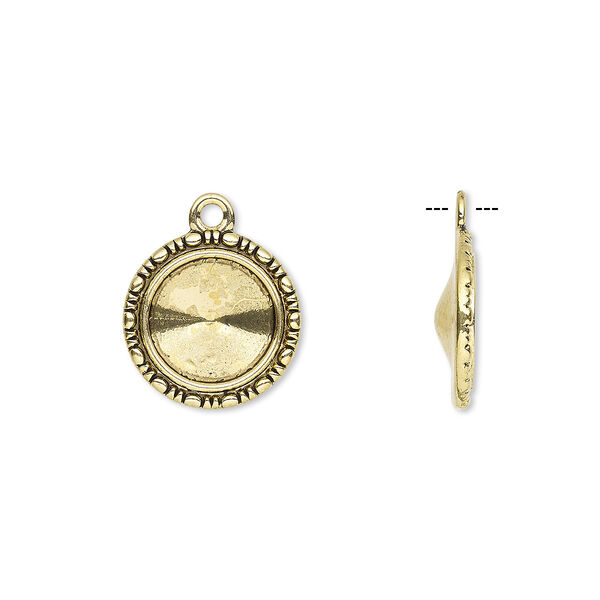 Drop, Almost Instant Jewelry®, antique gold-finished "pewter" (zinc-based alloy), 17mm round with beaded design and 12mm rivoli setting. Sold per pkg of 6. image number 0