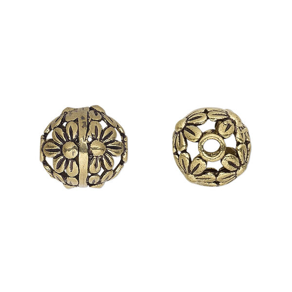 Bead, antique gold-finished brass, 12mm round with flowers, 2mm hole. Sold per pkg of 4. image number 0