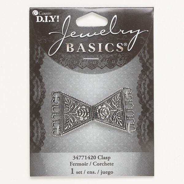 Clasp, 6-strand hook, "pewter" (zinc-based alloy), pkg/1, antique silver finish, 37x25mm. image number 0