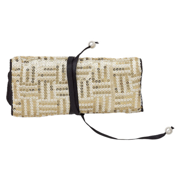 Jewelry pouch, nylon / rayon / plastic sequins, white / black / gold, 8-3/4 x 6-1/4 inches with tie closure. Sold individually. image number 0