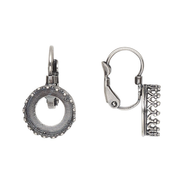 Ear wire, JBB Findings, antique silver-plated brass, 21mm leverback with open back and SS47 rivoli bezel setting. Sold per pair. image number 0