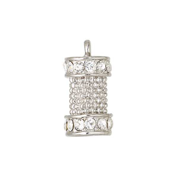 Cord end, glue-in, glass rhinestone and imitation rhodium-plated "pewter" (zinc-based alloy), clear, 20x12mm round tube, 5.5mm inside diameter. Sold individually. image number 0