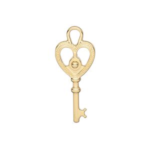 Charm, gold-plated "pewter" (zinc-based alloy), 29x12mm double-sided key. Sold per pkg of 12.