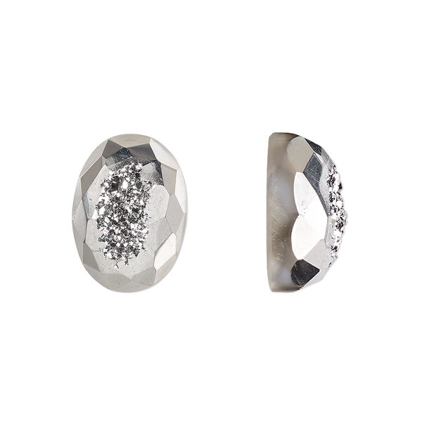 Cabochon, druzy agate (coated), silver, 14x10mm hand-cut loosely calibrated faceted oval, B grade, Mohs hardness 7. Sold individually. image number 0