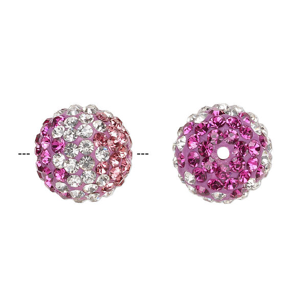 Bead, Egyptian glass rhinestone / epoxy / resin, clear / dark pink / fuchsia, 14mm round with pavé wave design. Sold individually. image number 0