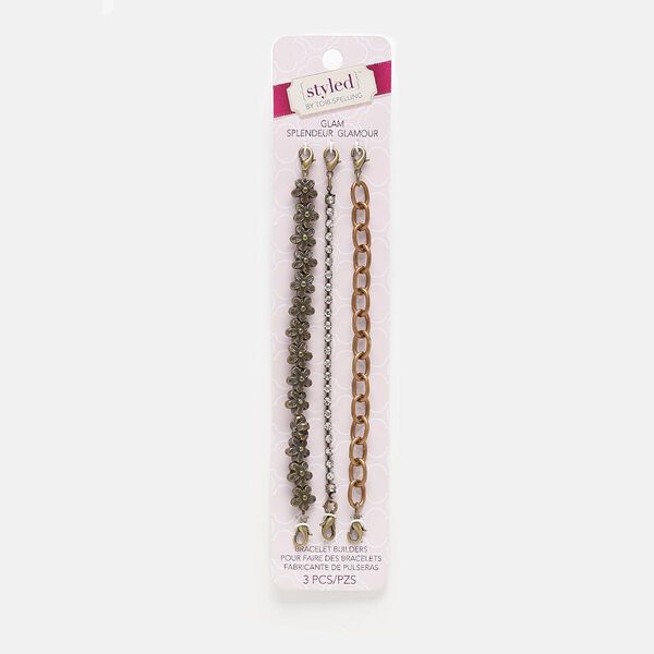 Bracelet component, glass rhinestone / antiqued copper- / brass-finished steel / "pewter" (zinc-based alloy), clear, 3mm cupchain / 10x10mm flower / 12x8mm oval cable, 6 inches with lobster claw clasp. Sold per pkg of 3. image number 0