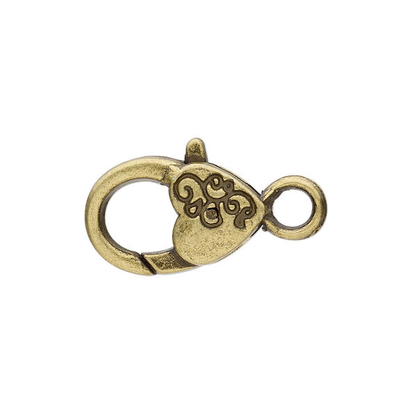 Clasp, lobster claw, antique brass-plated "pewter" (zinc-based alloy), 19.5x12.5mm with double-sided swirl heart design. Sold per pkg of 6. image number 0