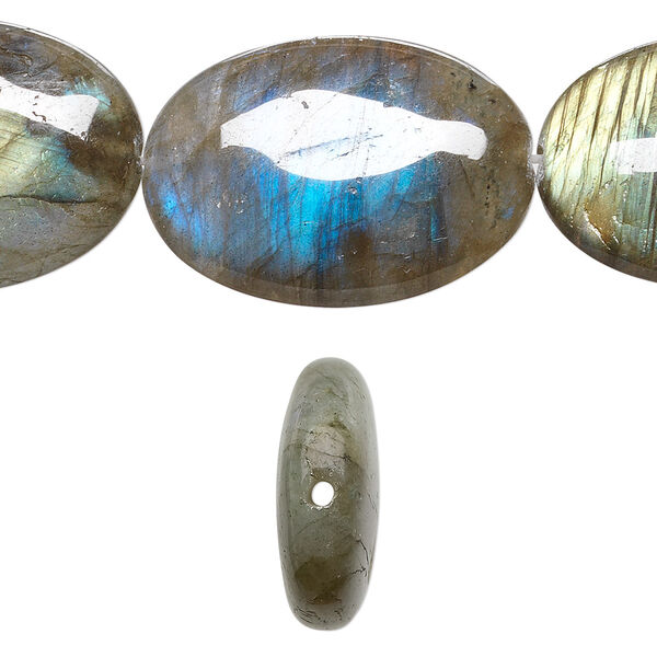 Bead, labradorite (natural), 30x22mm flat oval, B+ grade, Mohs hardness 6 to 6-1/2. Sold per 8-inch strand. image number 0