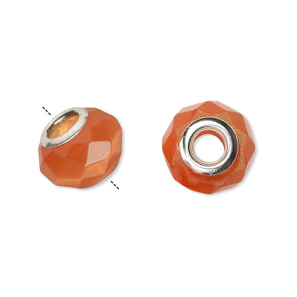 Bead, Dione®, fiber optic glass and silver-plated brass grommets, orange, 13x10mm-14x10mm faceted rondelle. Sold per pkg of 4. image number 0