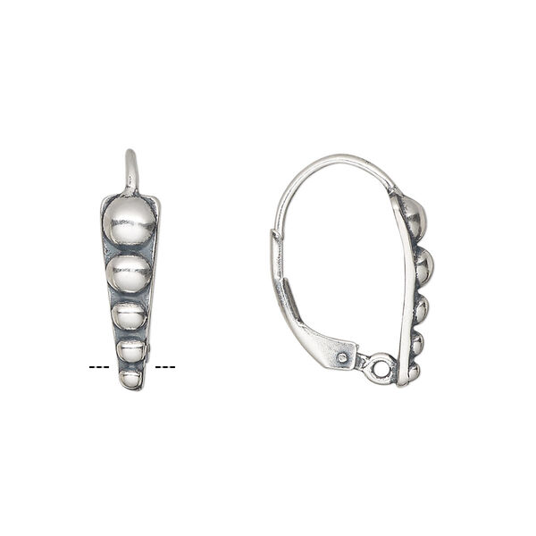 Ear wire, antiqued sterling silver, 19mm leverback with 16x5mm beaded and closed loop. Sold per pair. image number 0