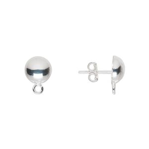 Earstud 1pkg10 sterling silver, 8mm half-ball / open loop / earnuts, polished 5 pair