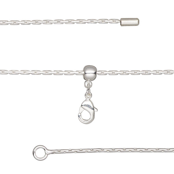 Chain, silicone and silver-plated brass, 1mm Boston link, adjustable from 16 to 23-1/2 inches with lobster claw clasp and adjustable slider bead. Sold individually. image number 0