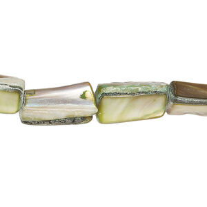 Mother-of-pearl shell 1pkg1, stick bead 15 inch green / tan 12x8mm-15x11mm