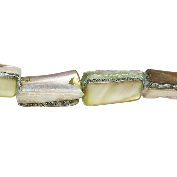 Mother-of-pearl shell 1pkg1, stick bead 15 inch green / tan 12x8mm-15x11mm image number 0