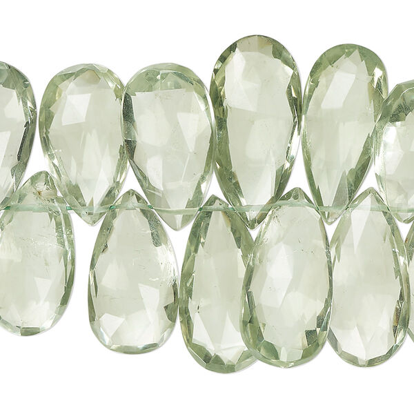 Bead, green quartz (heated), 15x9mm-21x13mm hand-cut top-drilled faceted puffed teardrop, B+ grade, Mohs hardness 7. Sold per 7-inch strand, approximately 50 beads. image number 0
