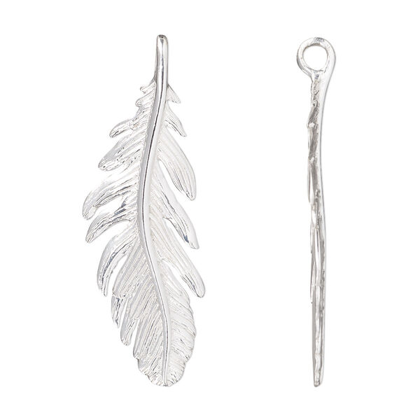 Focal, sterling silver, 37x13mm single-sided feather. Sold individually. image number 0
