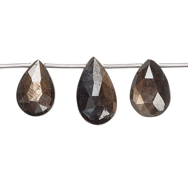 Bead, golden sheen sapphire (natural), 12x9mm-14x9mm graduated hand-cut top-drilled faceted puffed teardrop, B grade, Mohs hardness 9. Sold per pkg of 3. image number 0