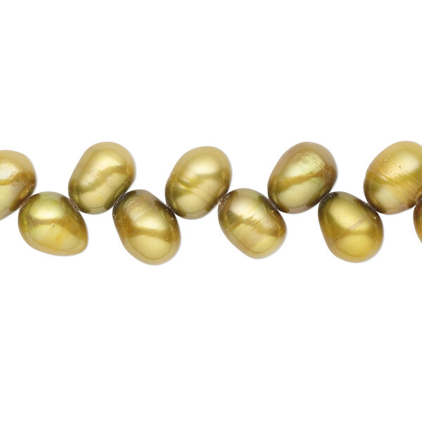 Pearl, cultured freshwater (dyed), golden olive, 7x6mm-8x7mm herringbone-drilled rice with 0.4-0.6mm hole, D grade, Mohs hardness 2-1/2 to 4. Sold per 14-inch strand. image number 0
