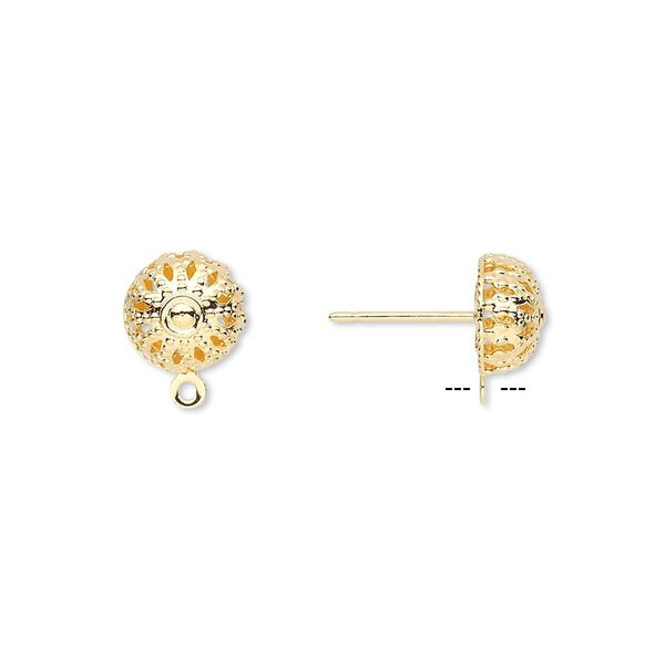 Earstud 1pkg100 gold-plated, 8mm filigree domed / closed loop, brass / stainless steel 50 pair image number 0