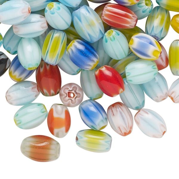 Bead mix, millefiori glass 1pkg2oz, translucent and transparent multicolored, 6x4mm-9x6mm oval. image number 0