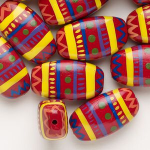 Bead gmelina wood 1 pk 33x20mm painted flat barrel,  multicolored 2 ounce