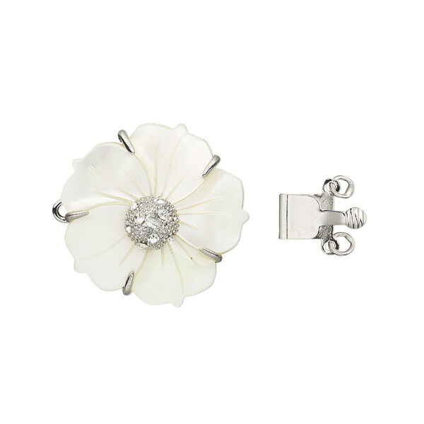 Clasp, 3-strand tab, mother-of-pearl shell (bleached) / glass rhinestone / nickel-plated brass, 21x16mm-36x30mm flower. Sold individually. image number 0